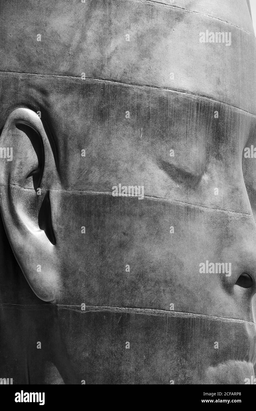 Elche, Alicante, Spagna - 20 luglio 2020: Bella scultura tridimensionale del volto di una donna dell'artista Jaume Plensa esposto nella piazza principale Foto Stock