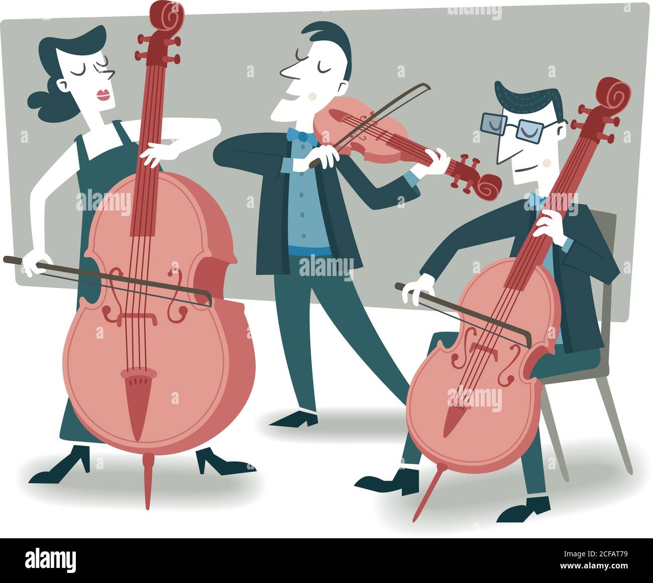 Illustrazione in stile retrò di vari musicisti classici che suonano i loro strumenti. Illustrazione Vettoriale