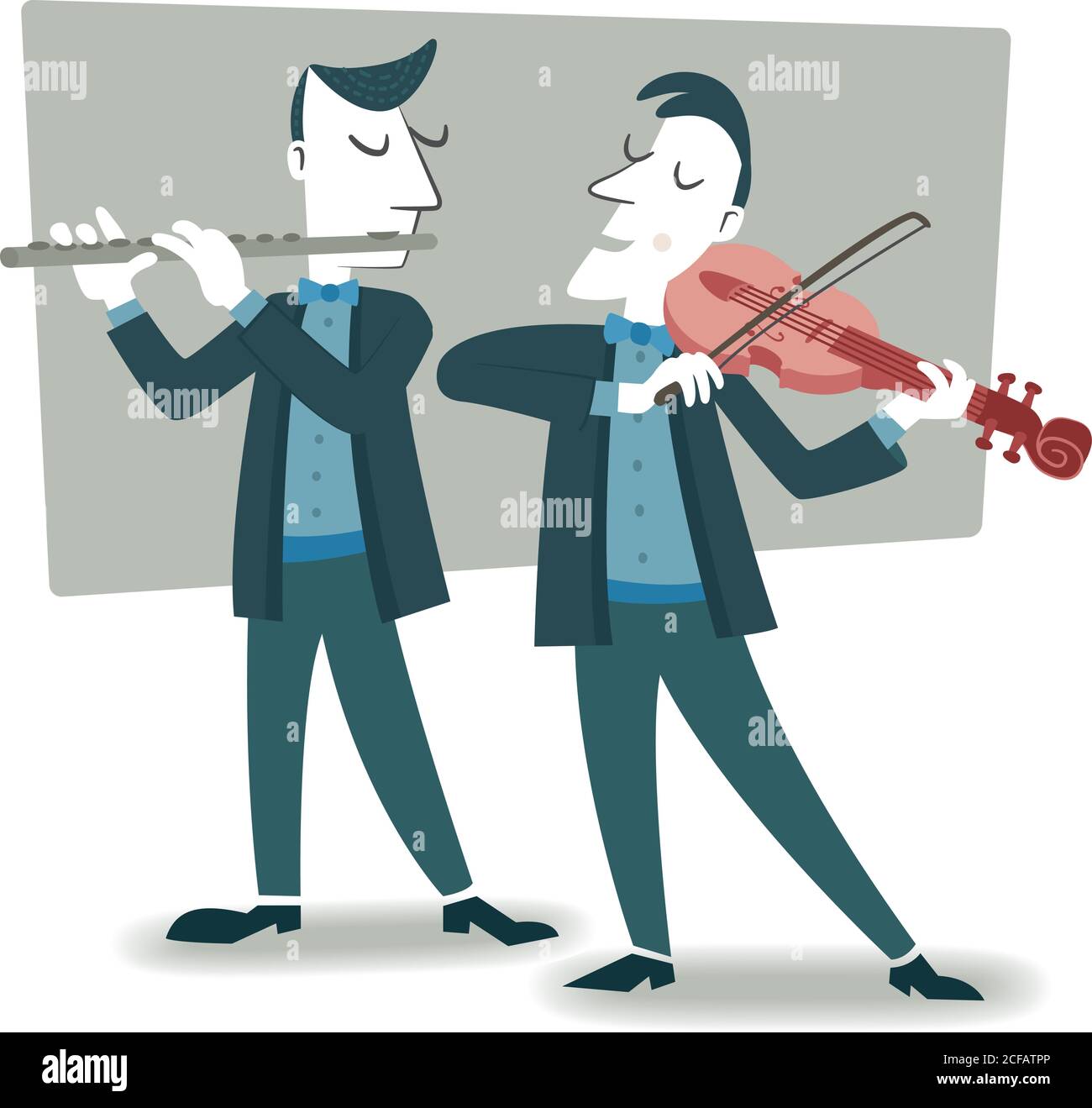 Illustrazione in stile retrò di due musicisti che suonano il violino e il flauto. Illustrazione Vettoriale