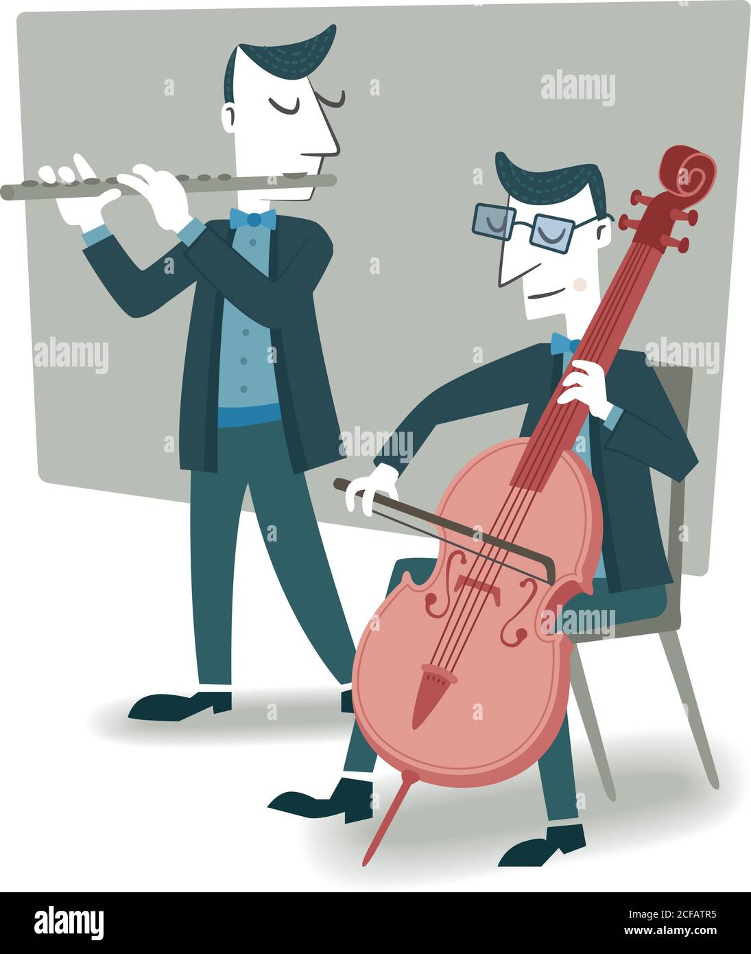 Illustrazione in stile retrò di due musicisti che suonano il violoncello e il flauto. Illustrazione Vettoriale