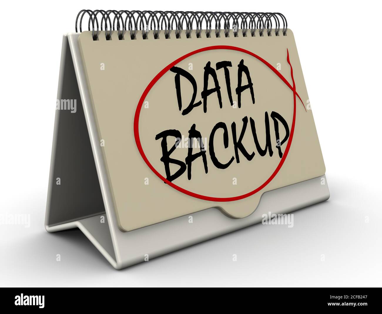 Backup dei dati. Informazioni nel calendario. Calendario desktop con BACKUP DEI DATI in testo nero su superficie bianca. Illustrazione 3D Foto Stock