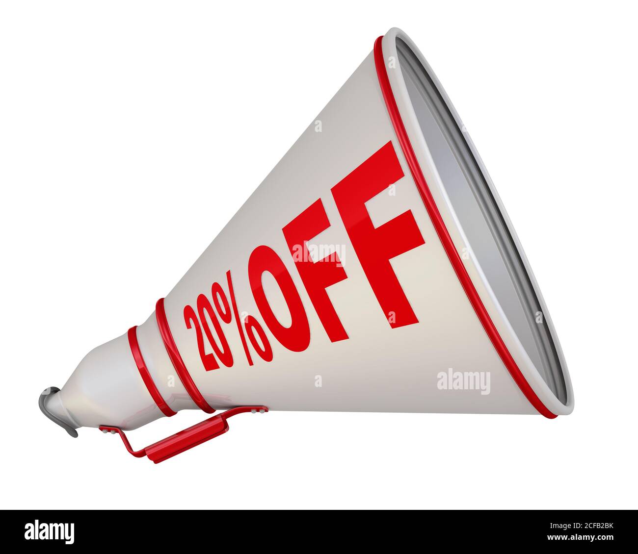 20% DI SCONTO. Sconto del 20%. Megafono bianco con testo rosso 20% di sconto. Isolato. Illustrazione 3D Foto Stock