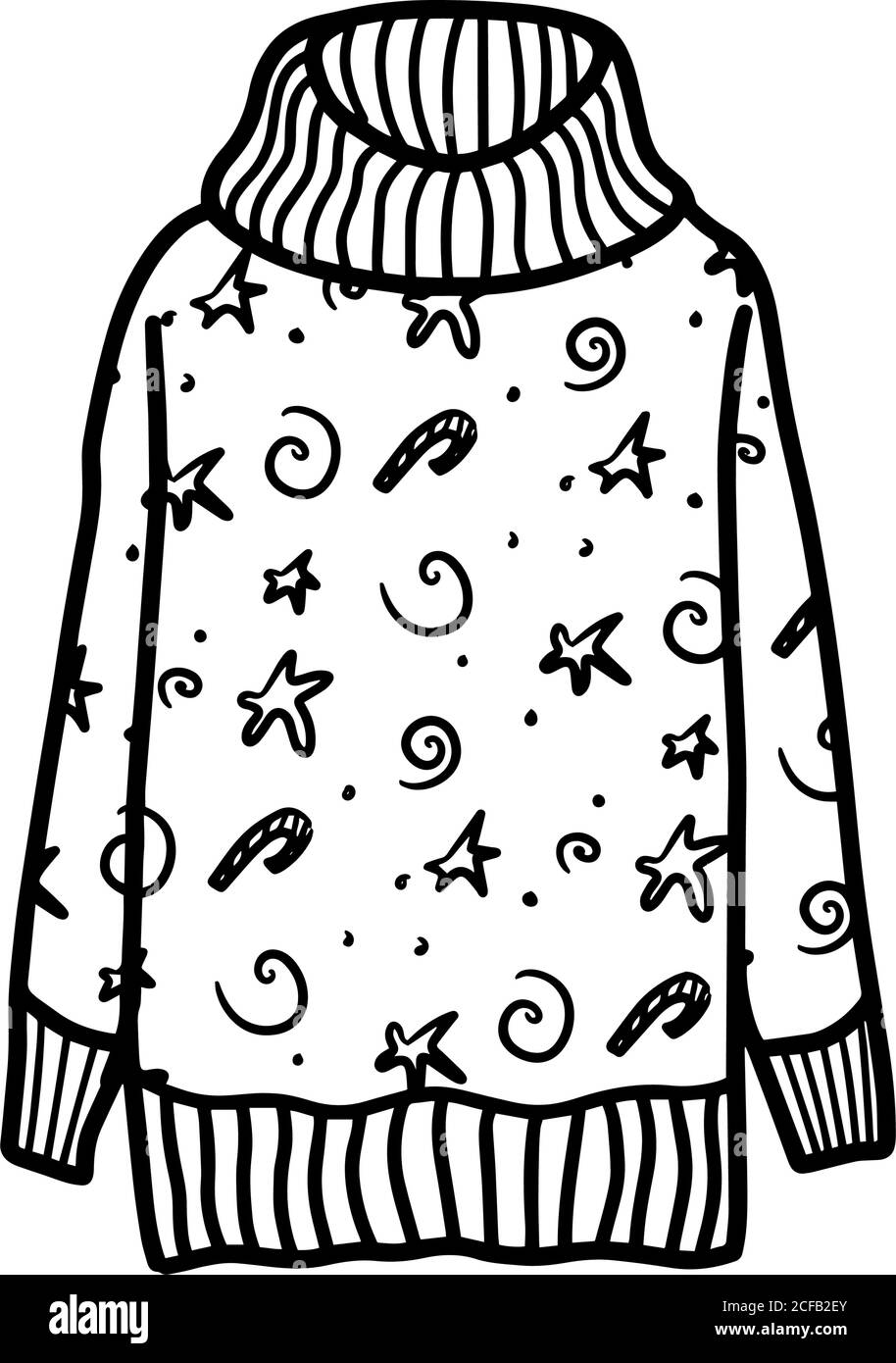 Pullover lavorato a maglia carino con motivi natalizi isolati su sfondo bianco. Maglione caldo e accogliente. Illustrazione vettoriale in stile Doodle Illustrazione Vettoriale