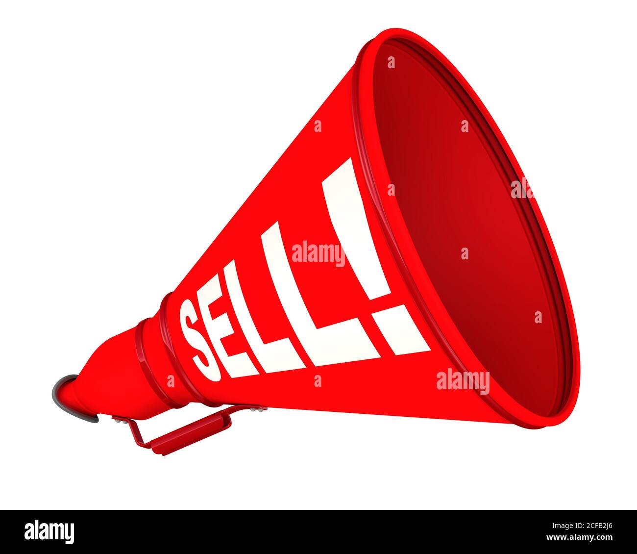 Vendi! Il megafono etichettato. Megafono rosso con testo bianco VENDERE! su sfondo bianco. Isolato. Illustrazione 3D Foto Stock