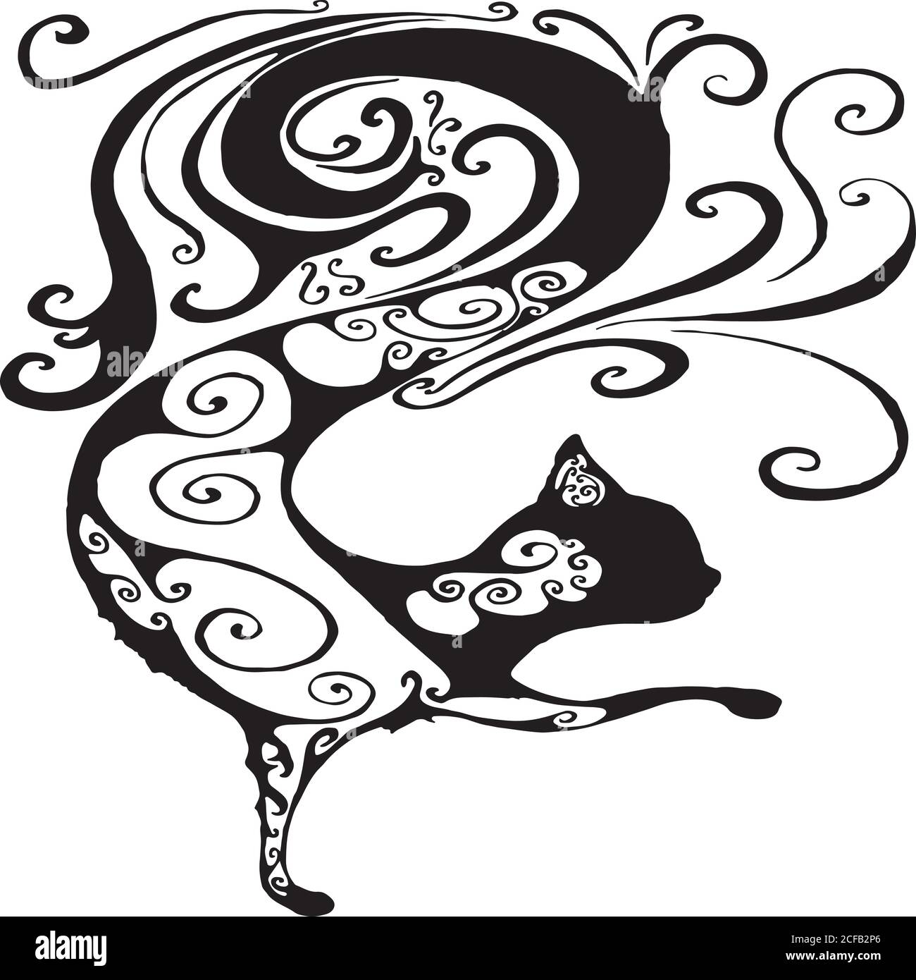 Nero e bianco, surreale, fantastico silhouette decorativo gatto, io Illustrazione Vettoriale