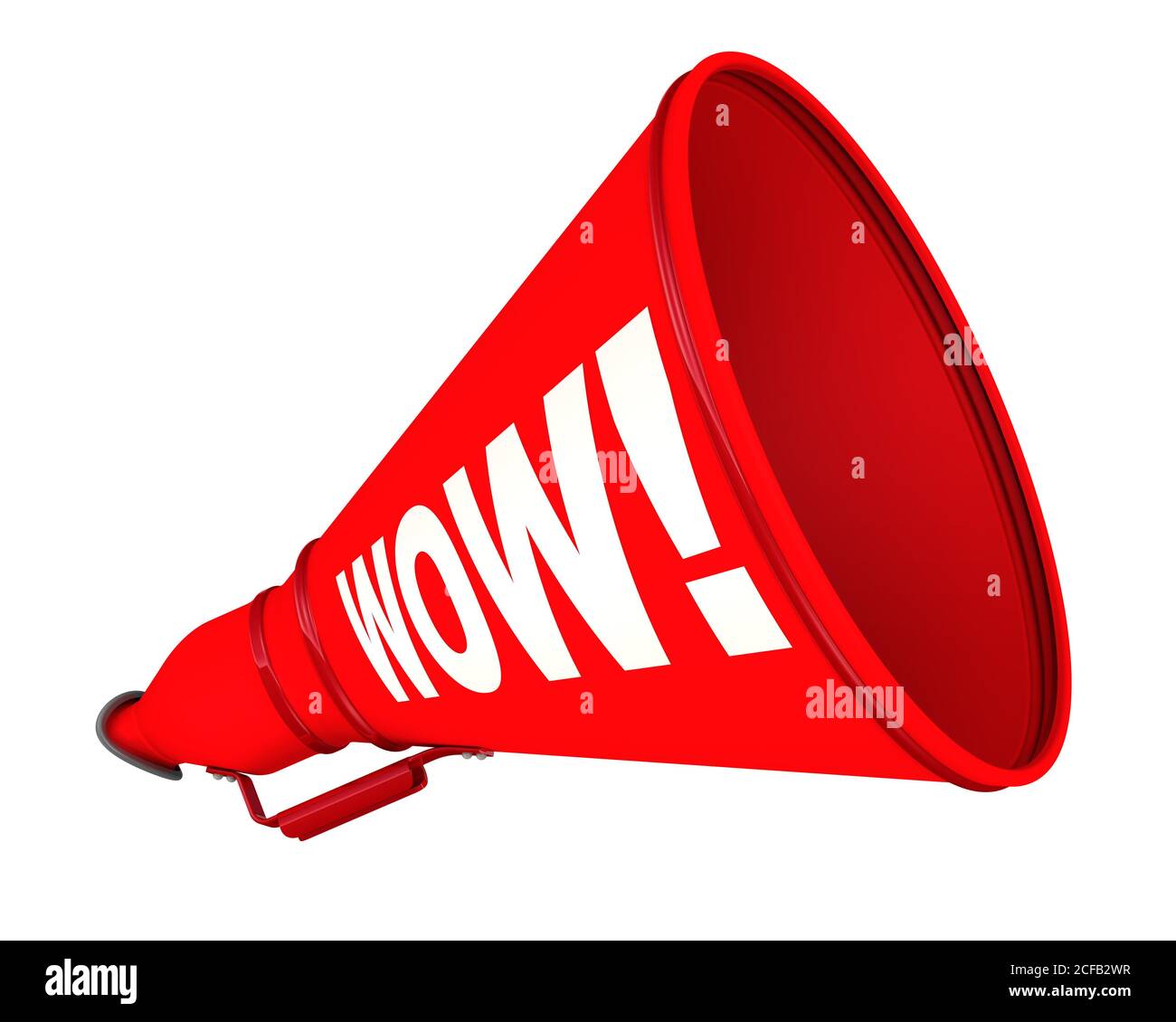 WOW! Megafono etichettato. Un corno rosso con parola bianca WOW! Isolato. Illustrazione 3D Foto Stock