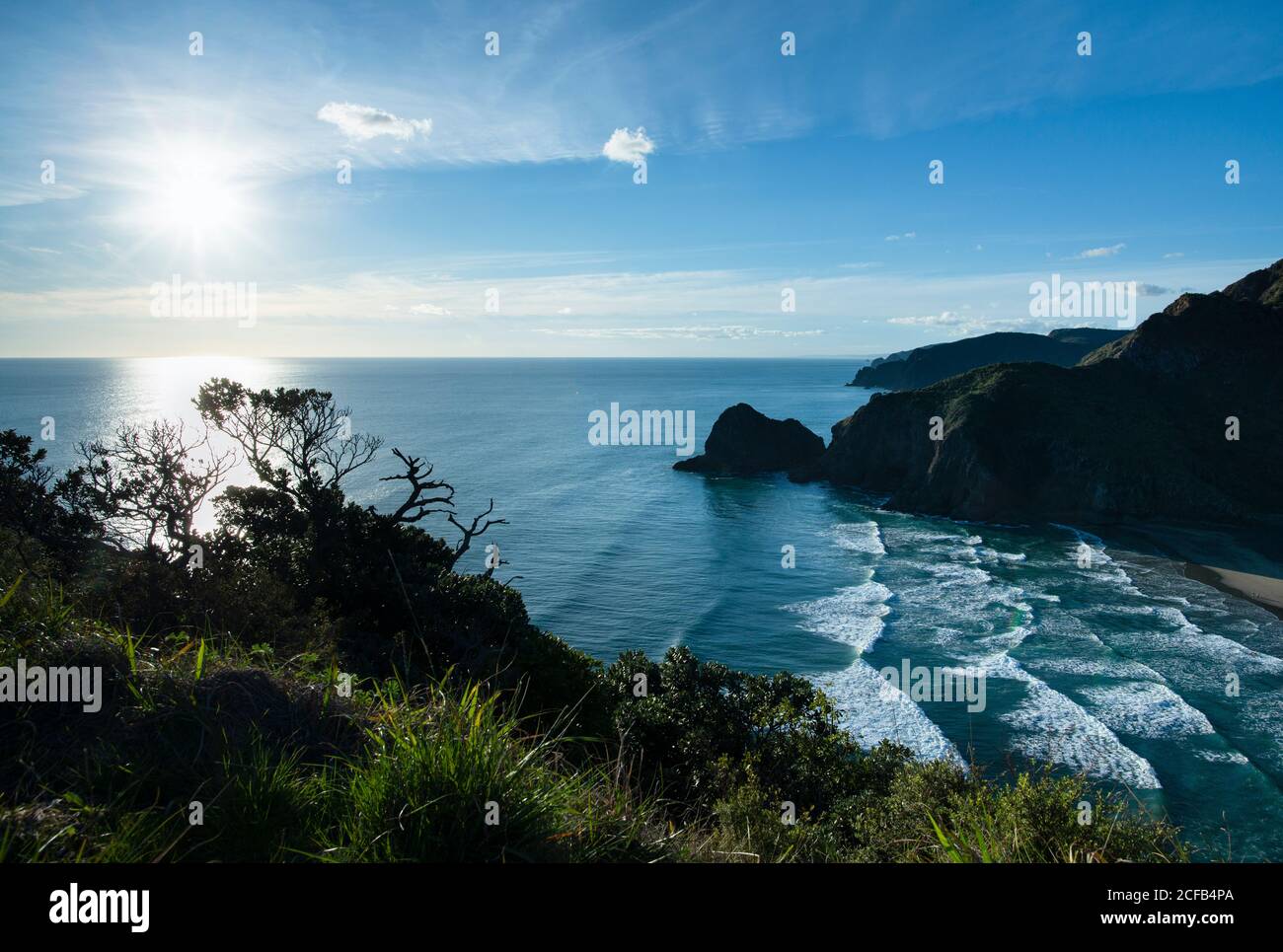 Vista dal passaggio pedonale sulla spiaggia di Whites sulle colline dall'estremità nord della spiaggia di Piha, Auckland Foto Stock