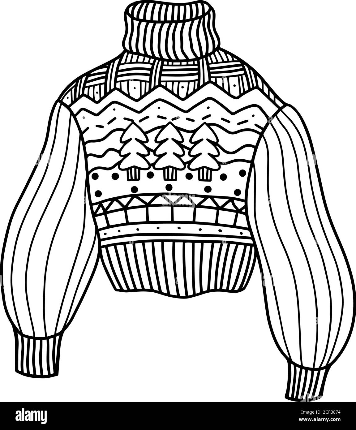 Pullover lavorato a maglia in lana con motivi natalizi, isolato su sfondo bianco. Maglione caldo e accogliente. Illustrazione vettoriale in stile Doodle Illustrazione Vettoriale