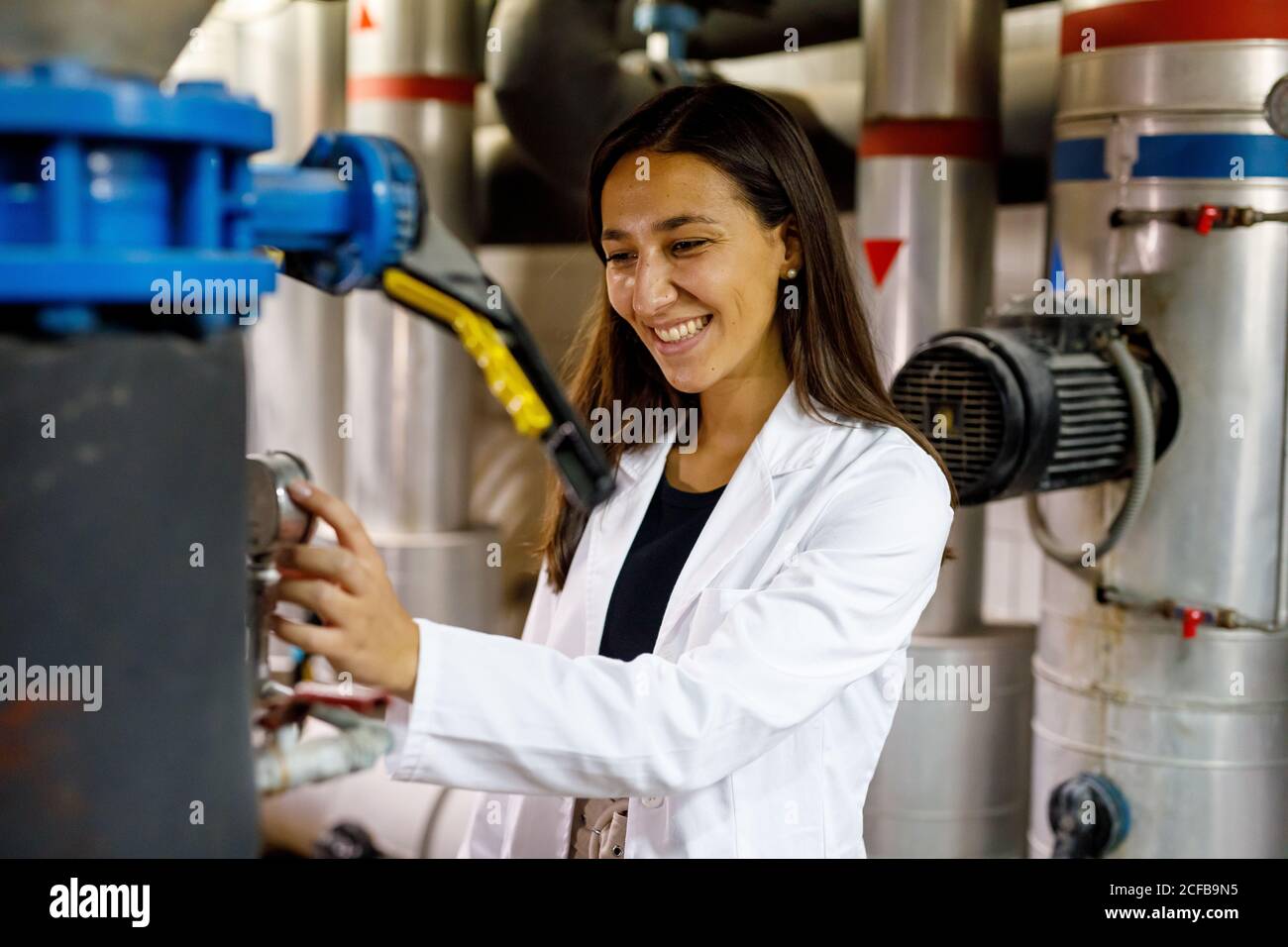 Ispettore di sicurezza che controlla il sistema di tubazioni Foto Stock