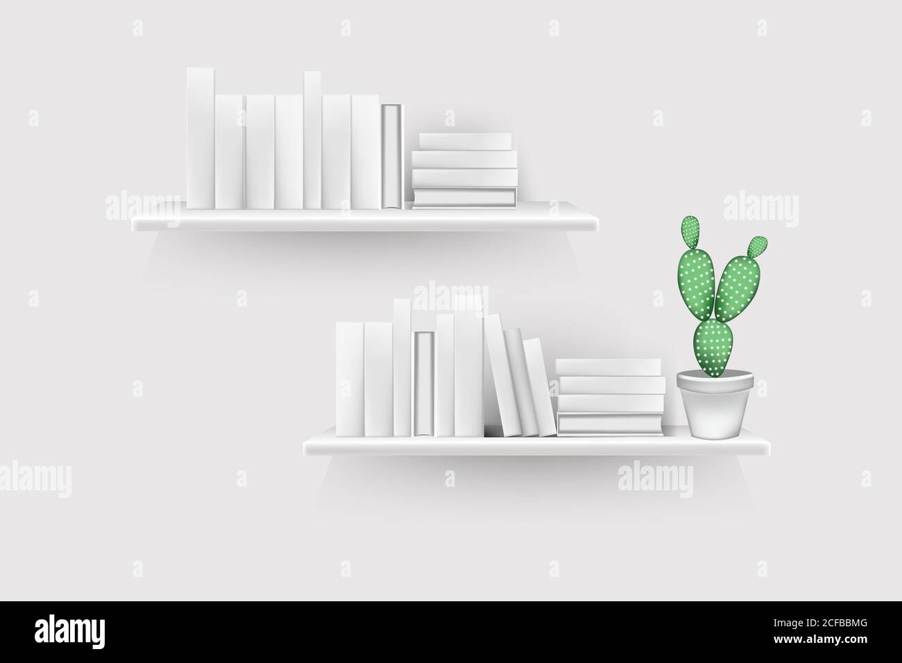 Volumi di libri realistici con spine vuote e stativo in fila in corrispondenza del rack appeso alla parete. Illustrazione Vettoriale