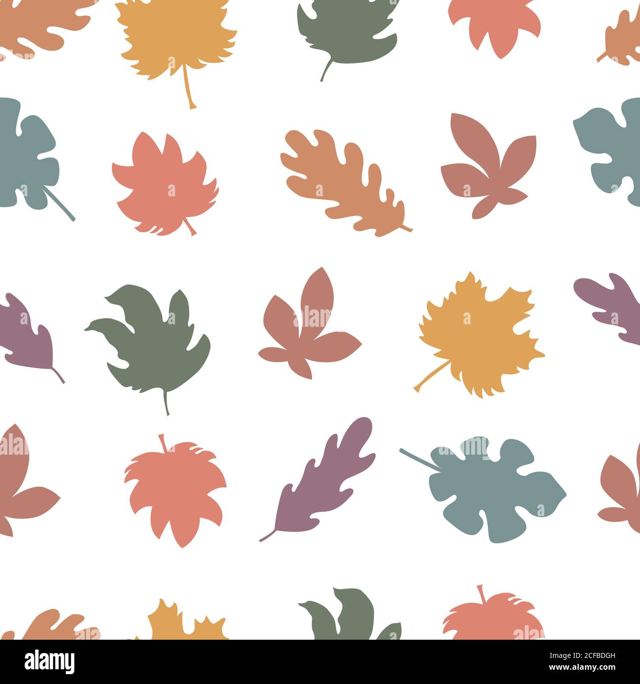 Motivo senza giunture, foglie autunnali multicolore su sfondo bianco in grafica vettoriale. Per la decorazione di carta da imballaggio, stampe su abiti, tessuti Illustrazione Vettoriale