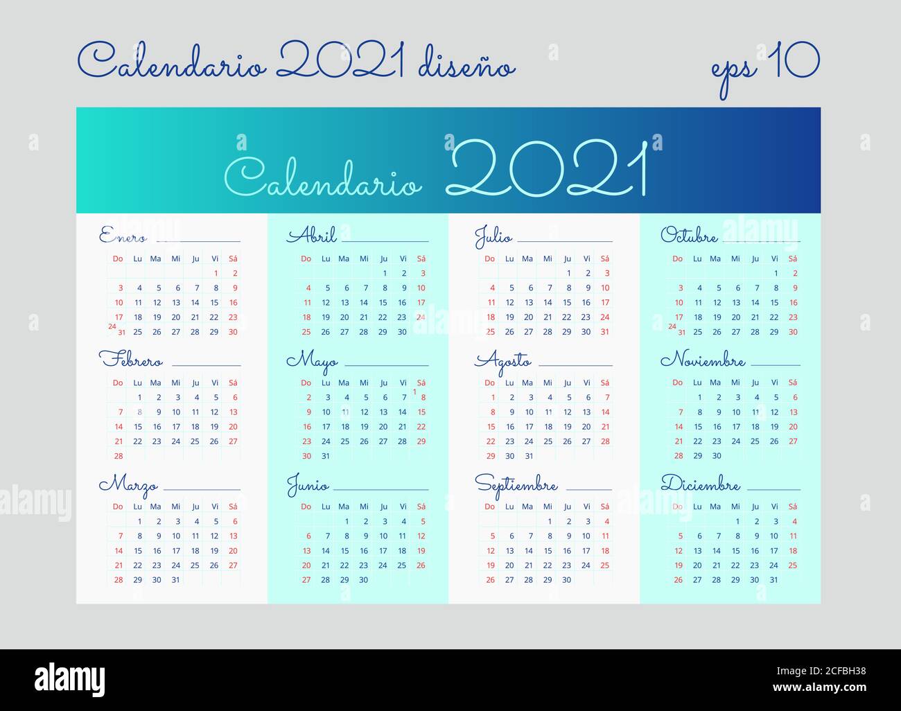 Calendario 2021 in spagnolo su sfondo bianco chiaro e blu. La domenica e il sabato sono evidenziati in rosso. Modello vettoriale modificabile 10 EPS. Orizzontale Illustrazione Vettoriale