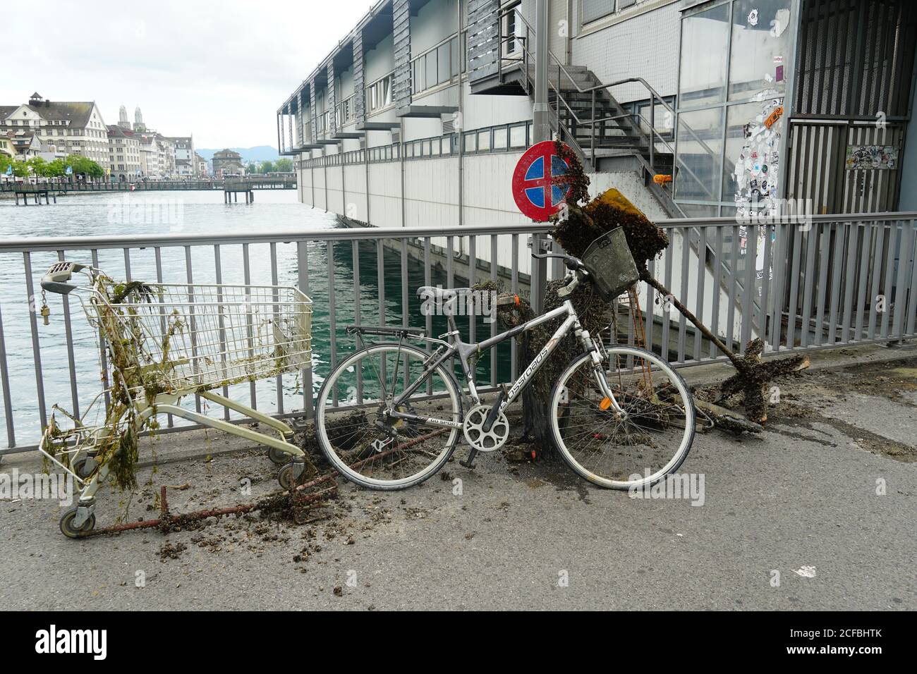 Rottami di metallo pescati dal fiume Limmat a Zurigo. Il fiume inizia all'uscita del Lago di Zurigo. Il rottame è coperto da bio-fouling. Foto Stock