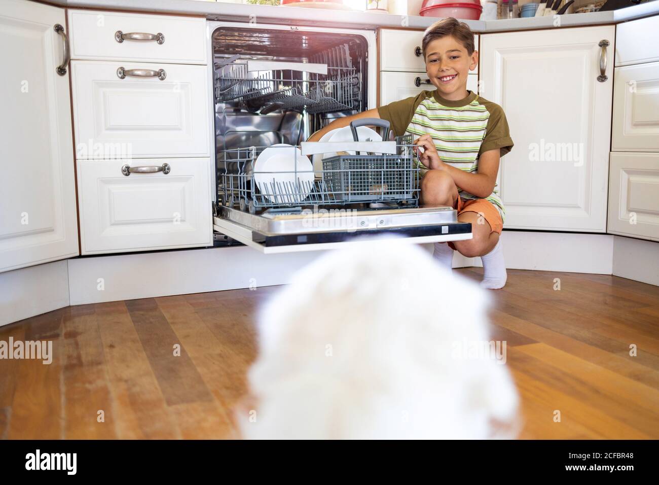 Bambino che carica la lavastoviglie a casa Foto Stock