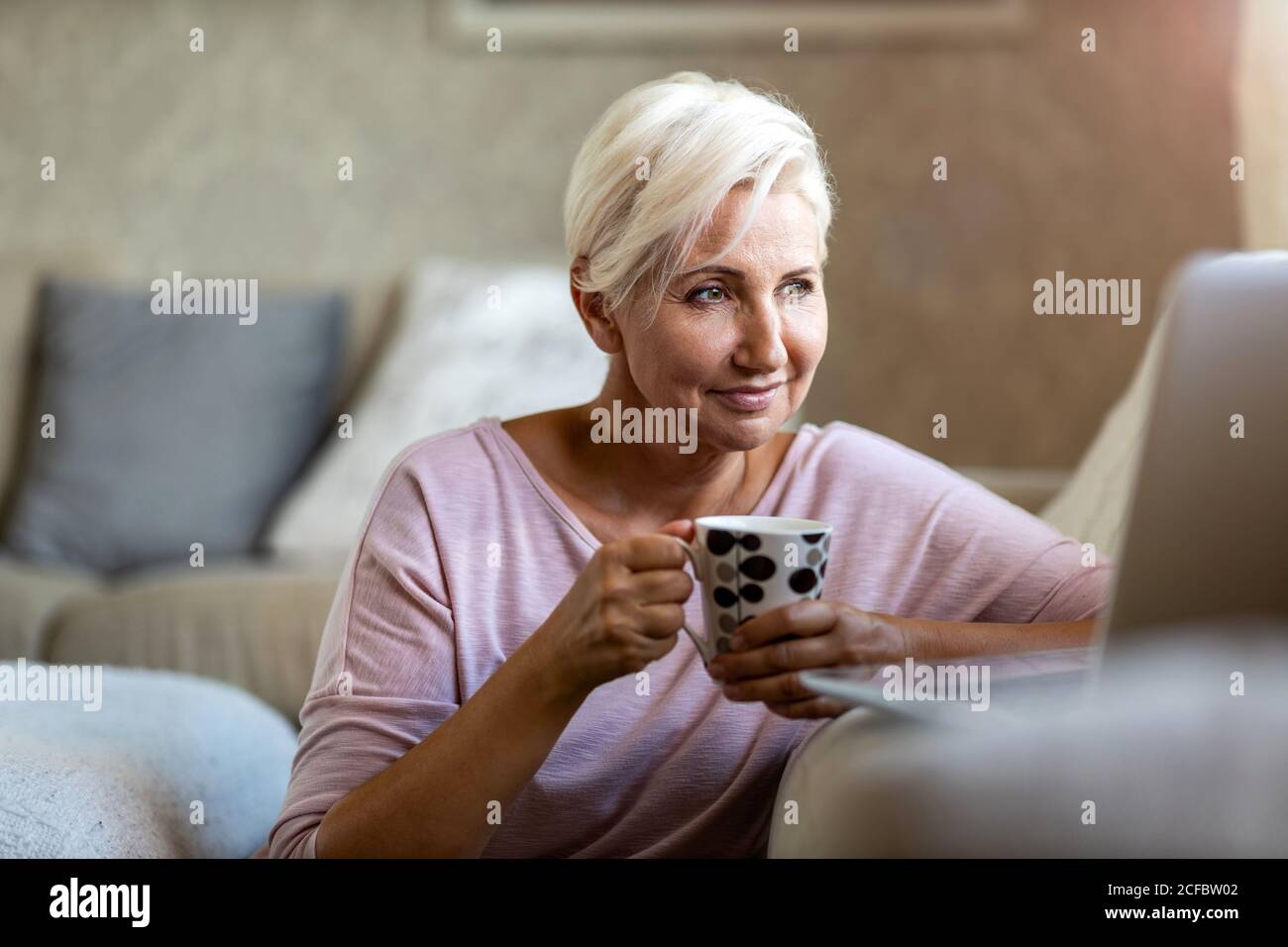 Donna matura utilizzando portatile a casa Foto Stock