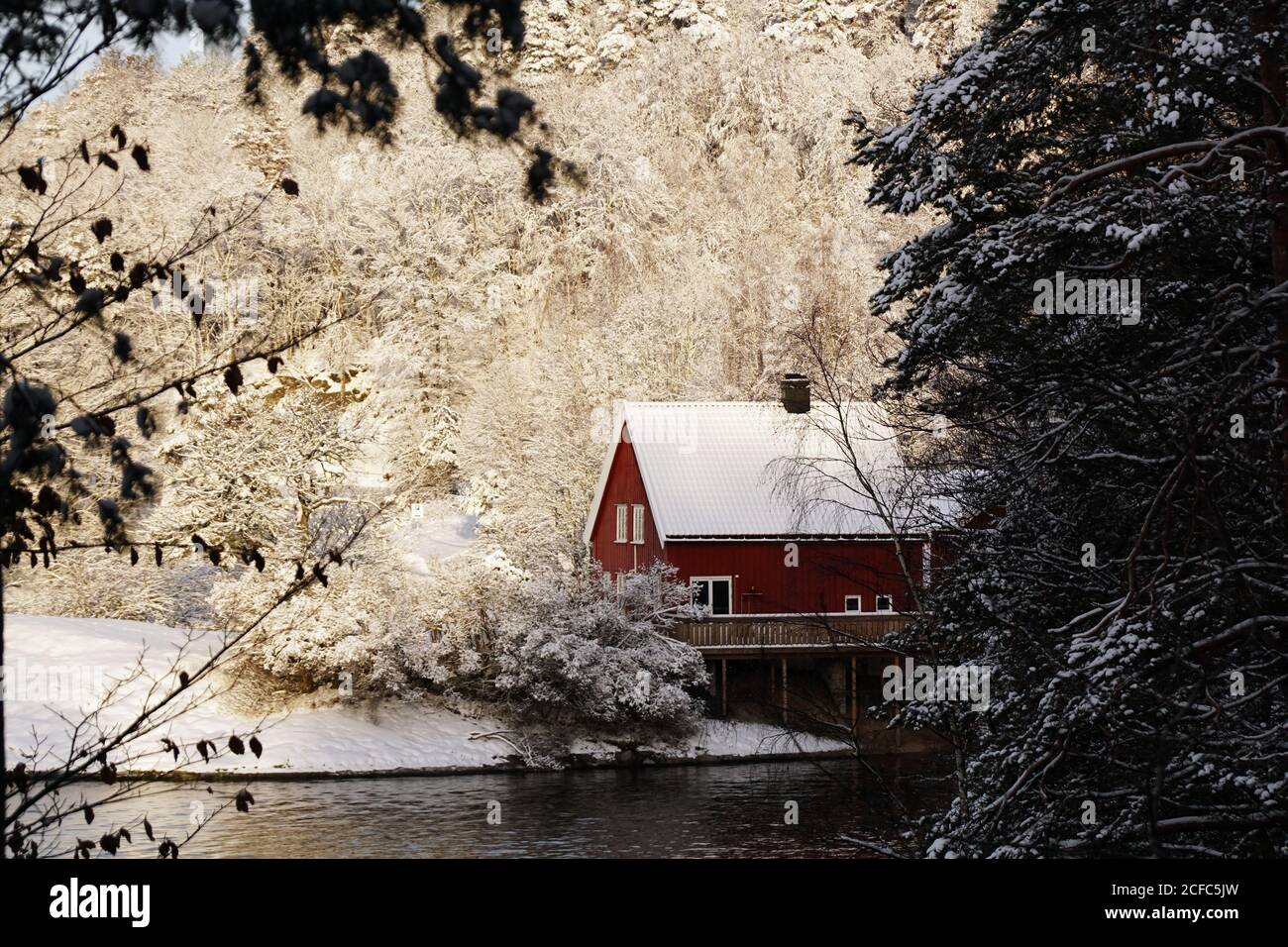 Accogliente casa di campagna di colore rosso sulla riva del fiume remoto circondato da bianchi alberi gelosi in boschi invernali Foto Stock