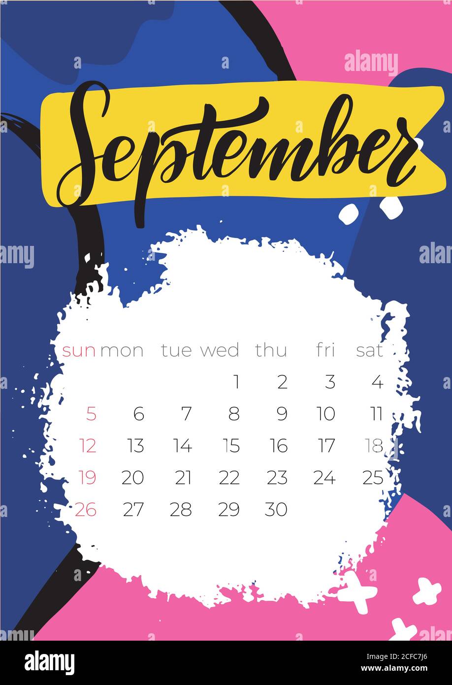 Calendario Settembre 2021 disegno vettoriale. La settimana inizia dalla domenica. Illustrazione Vettoriale