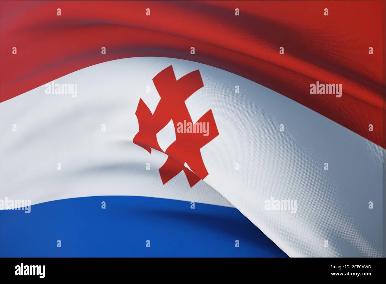 Bandiera di Komi-Permyak Okrug. Sfondo del flag di primo piano dell'illustrazione 3D. Bandiere dei soggetti federali della Russia. Foto Stock