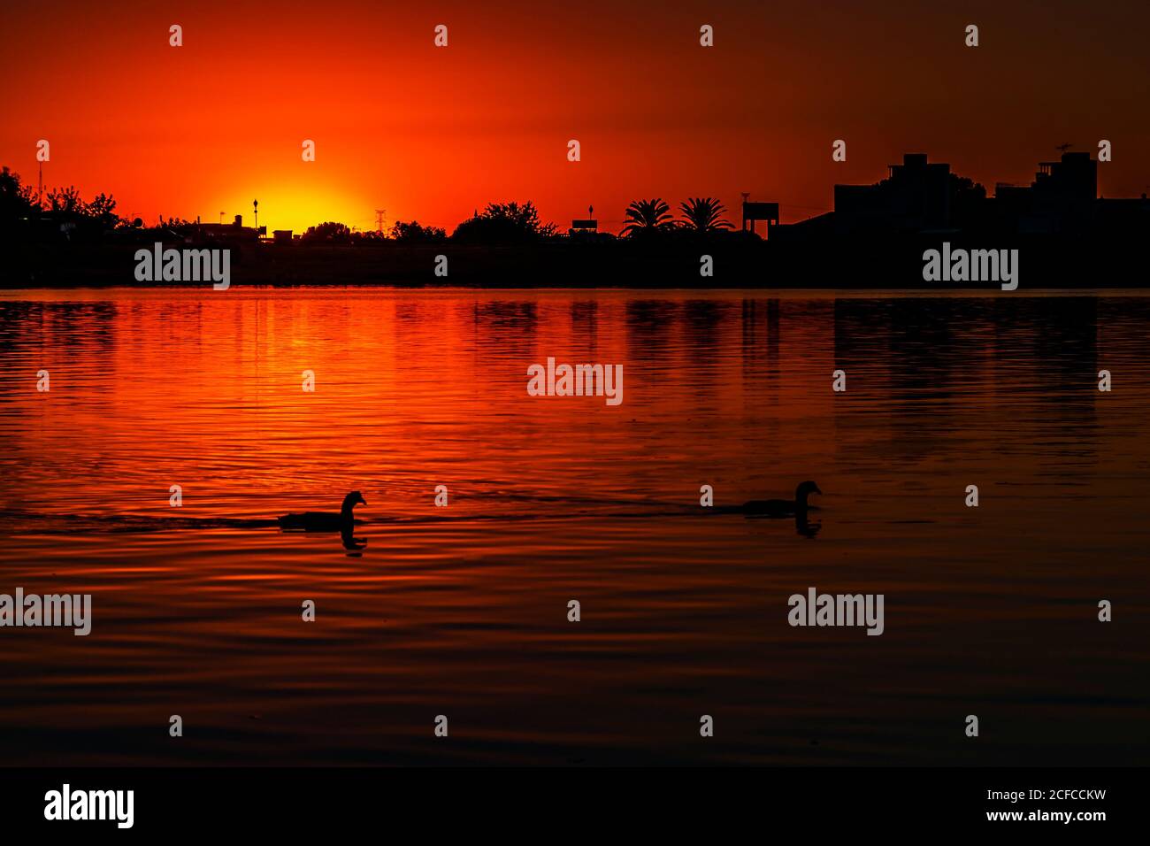 Tramonto al lago artificiale di Proserpina, Mérida, Spagna. Riserva di origine romana, oggi è utilizzato per il tempo libero e la ricreazione Foto Stock