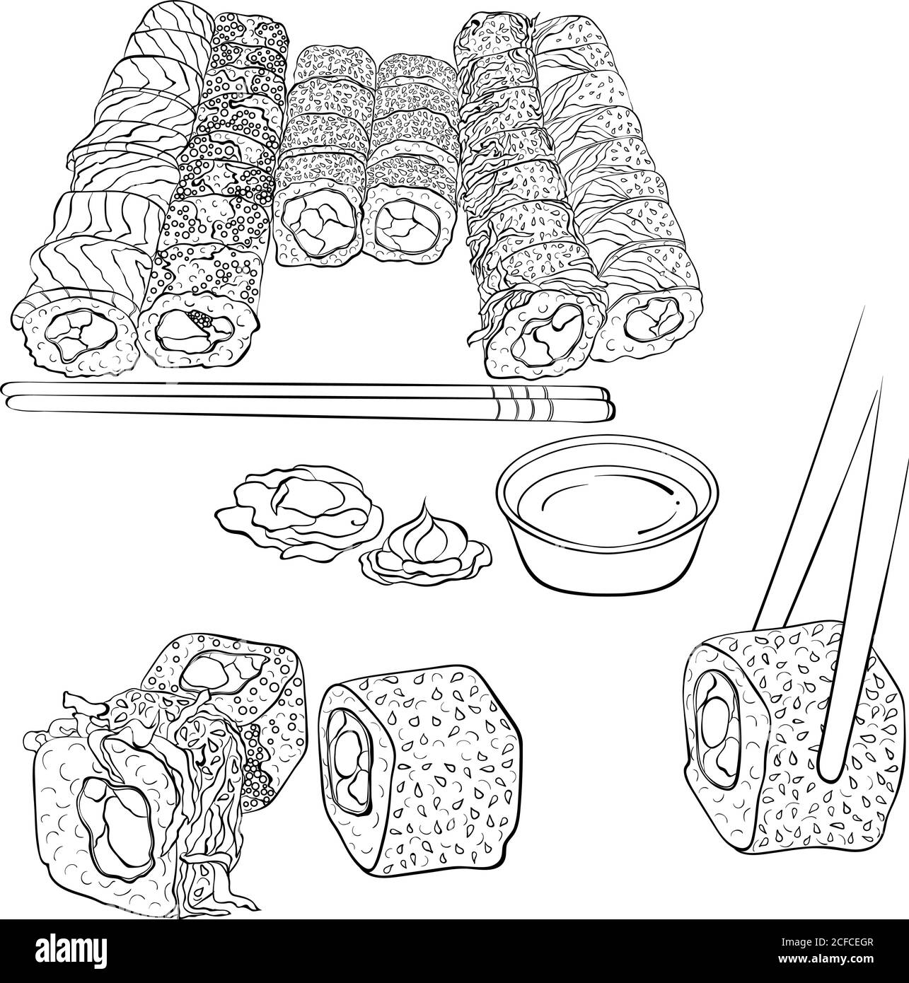 Set di sushi di Philadelphia. Cucina tradizionale giapponese. Oggetti sushi set, chopsticks, wasabi, zenzero, soia. Illustrazione vettoriale line art isolata su sfondo bianco. Libro da colorare Illustrazione Vettoriale