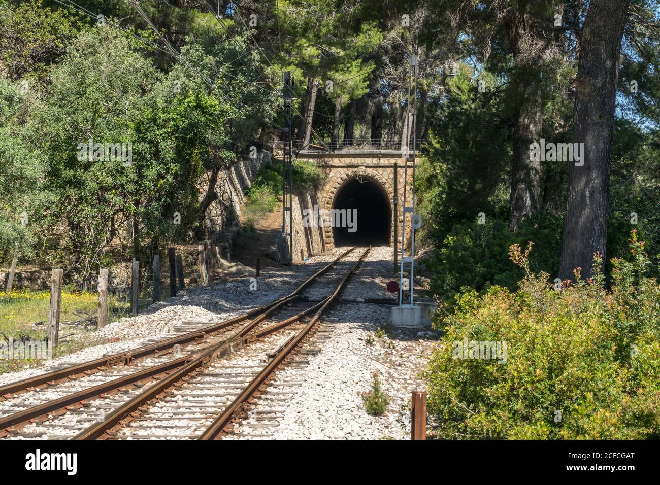 Ferrovia tunnel ferroviario ferroviario che attraversa Soller Mallorca Foto Stock