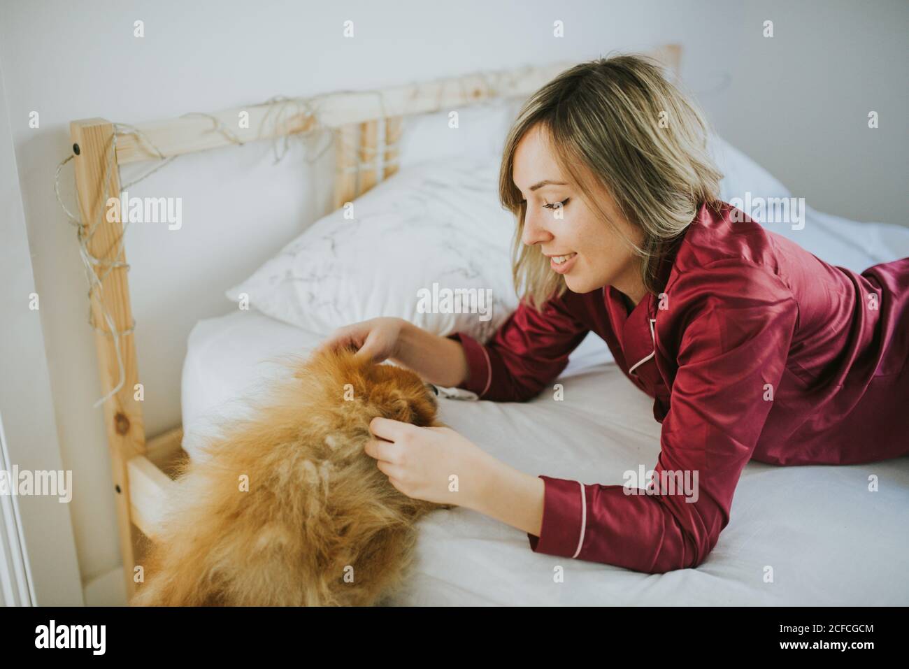 Giovane felice sorridente attraente Donna in pigiama sdraiata a letto con un piccolo cane soffice Foto Stock
