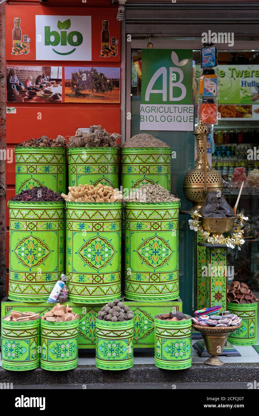 Bio / alimenti biologici, negozio di alimentari, verde, Marrakech, Marocco, la Medina, la salute, la dieta, sapore Foto Stock