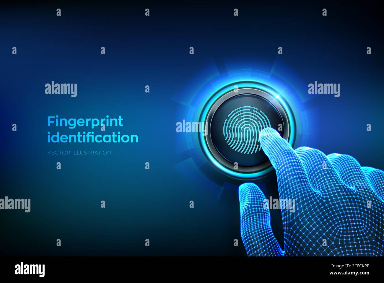 La scansione delle impronte digitali fornisce un accesso di sicurezza con identificazione biometrica. Avvicinare il dito per premere un pulsante. Verifica della scansione delle impronte digitali Illustrazione Vettoriale