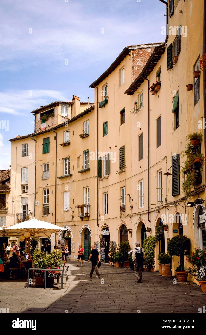 Casa, piazza, Piazza dell'Anfiteatro, Lucca, Toscana, Italia Foto Stock