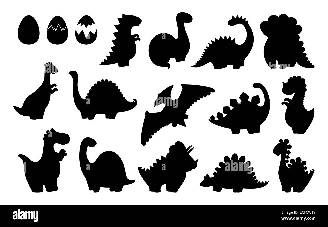 Set con silhouette nera dinosauro. Collezione di forme rettili, predatori ed erbivori dino. Divertenti dinosauri. Design per bambini per tessuti o tessuti. Illustrazione vettoriale isolata Illustrazione Vettoriale
