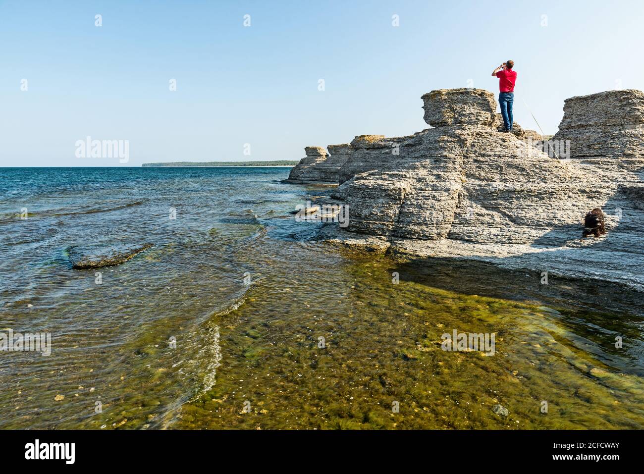 L'uomo si erge sulle rocce sul mare e scatta foto con uno smartphone al guinzaglio tirando un nero Tibetano Terrier dall'altra parte. Foto Stock