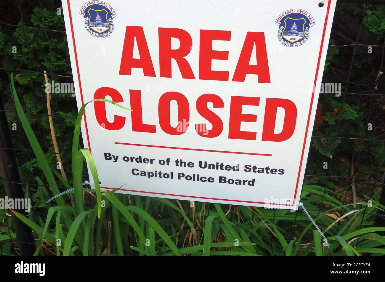 Cartello di chiusura dell'area su ordine dell'US Capitol Police Board, del Capitol Building, Washington DC, Stati Uniti Foto Stock