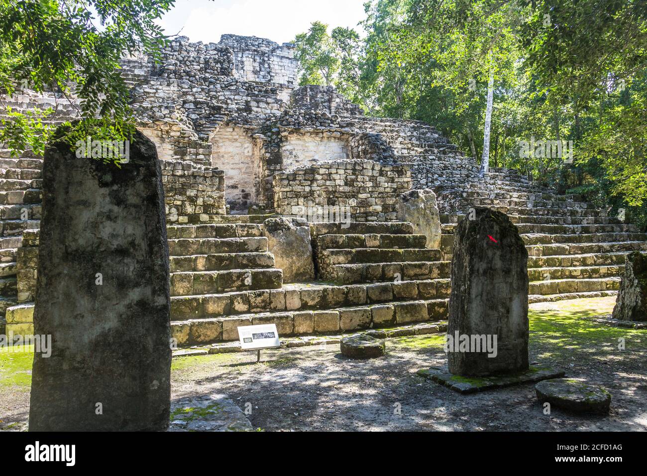 Piramide Maya sui terreni del tempio di Calakmul nella giungla, Penisola di Yucatan, Messico Foto Stock