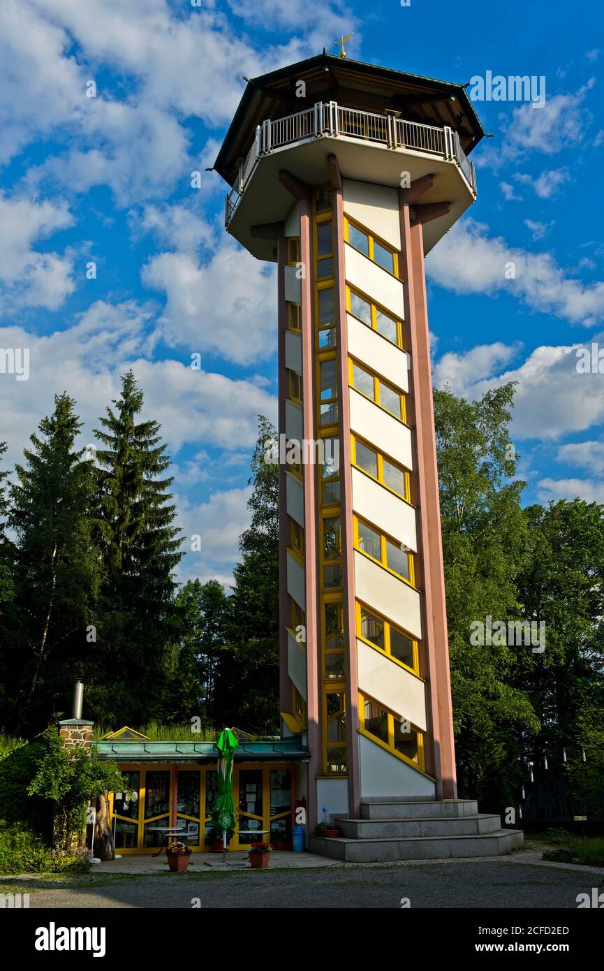 Torre di osservazione sulla cima di Scheibenberg, Scheibenberg, Ore Mountains, Sassonia, Germania Foto Stock