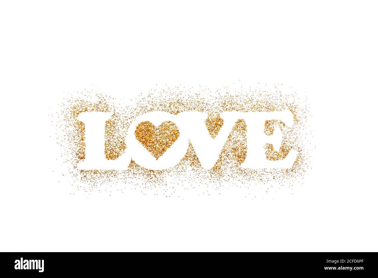 Parola amore su glitter dorato isolato su sfondo bianco Foto Stock