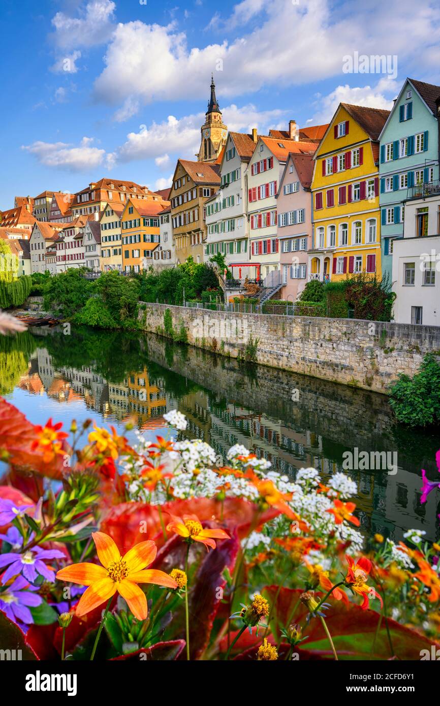 Fiume Neckar e fiori a Tübingen, Germania Foto Stock