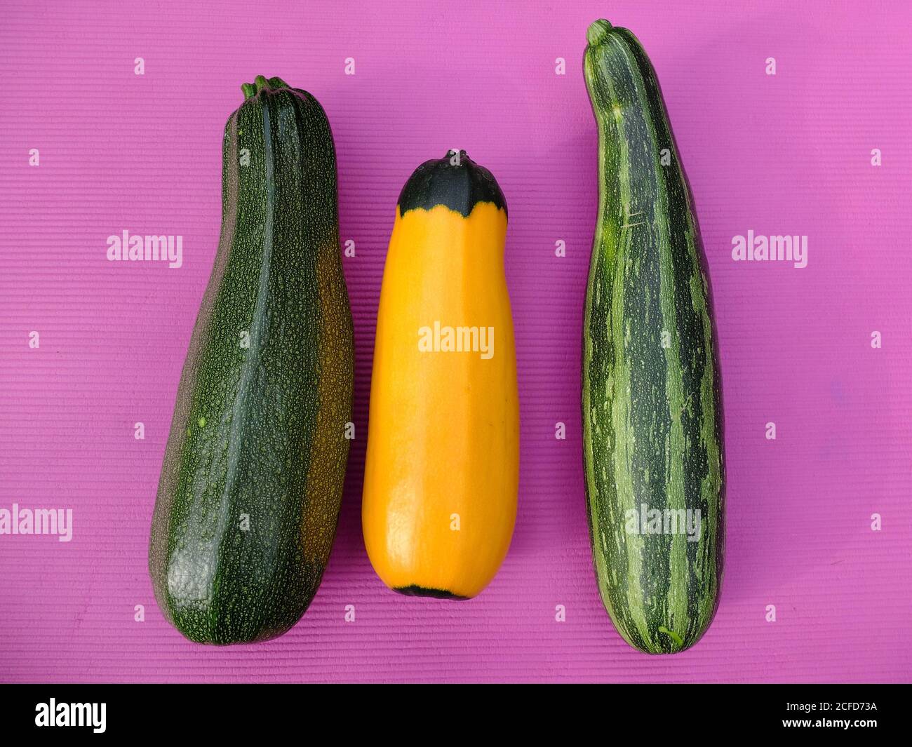 Varietà zucchine-a strisce: « Coucouzelle », bicolore giallo-verde: « Zephyr », a macchie: « Deficender » Foto Stock