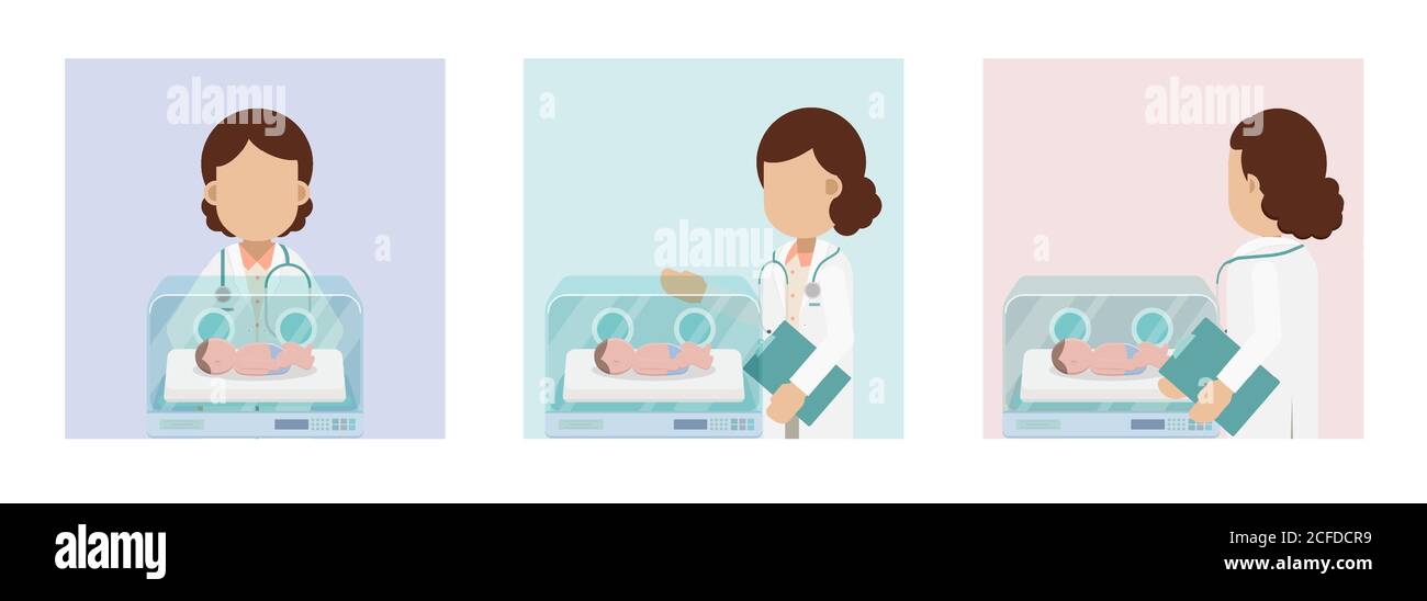 Medico con neonato nell'incubatore disegno piatto illustrazione vettoriale Illustrazione Vettoriale