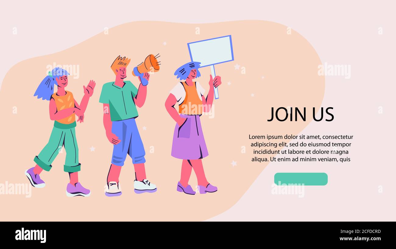 Unisciti a noi! -header e persone che gridano forte e reclutano o che propongono di unirsi alla squadra. Illustrazione Vettoriale