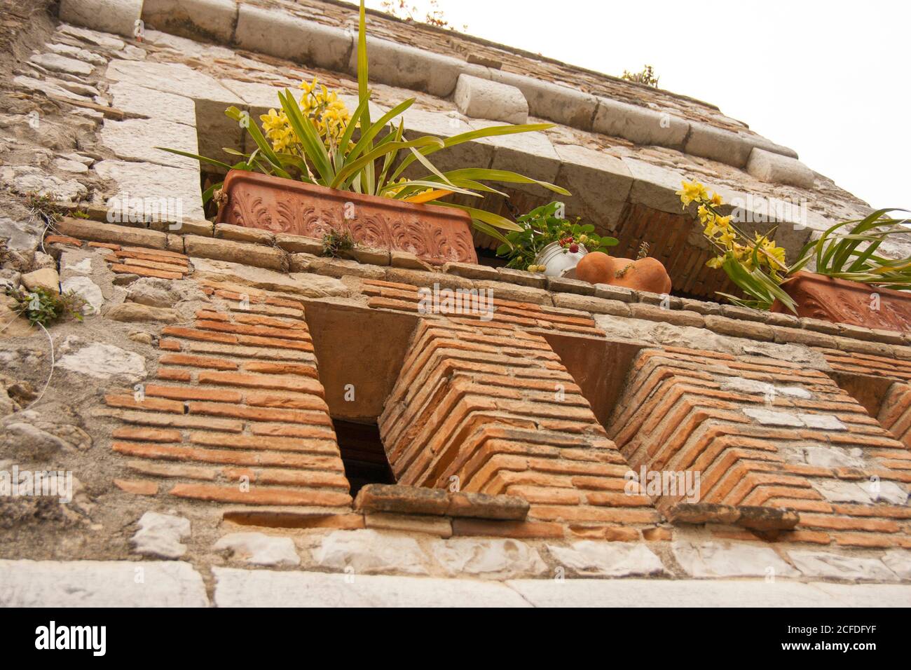 Saint-Paul-de-Vence Francia fragole in vaso di fiori sulla finestra del muro alto castello. Vecchio muro di mattoni nudi senza Malta. Foto Stock