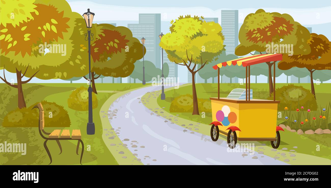 Parco cittadino, alberi, sentiero che porta alla città, panca, stalla con gelato, sullo sfondo case della città, vettore, stile cartoon, illustrazione, isolato Illustrazione Vettoriale