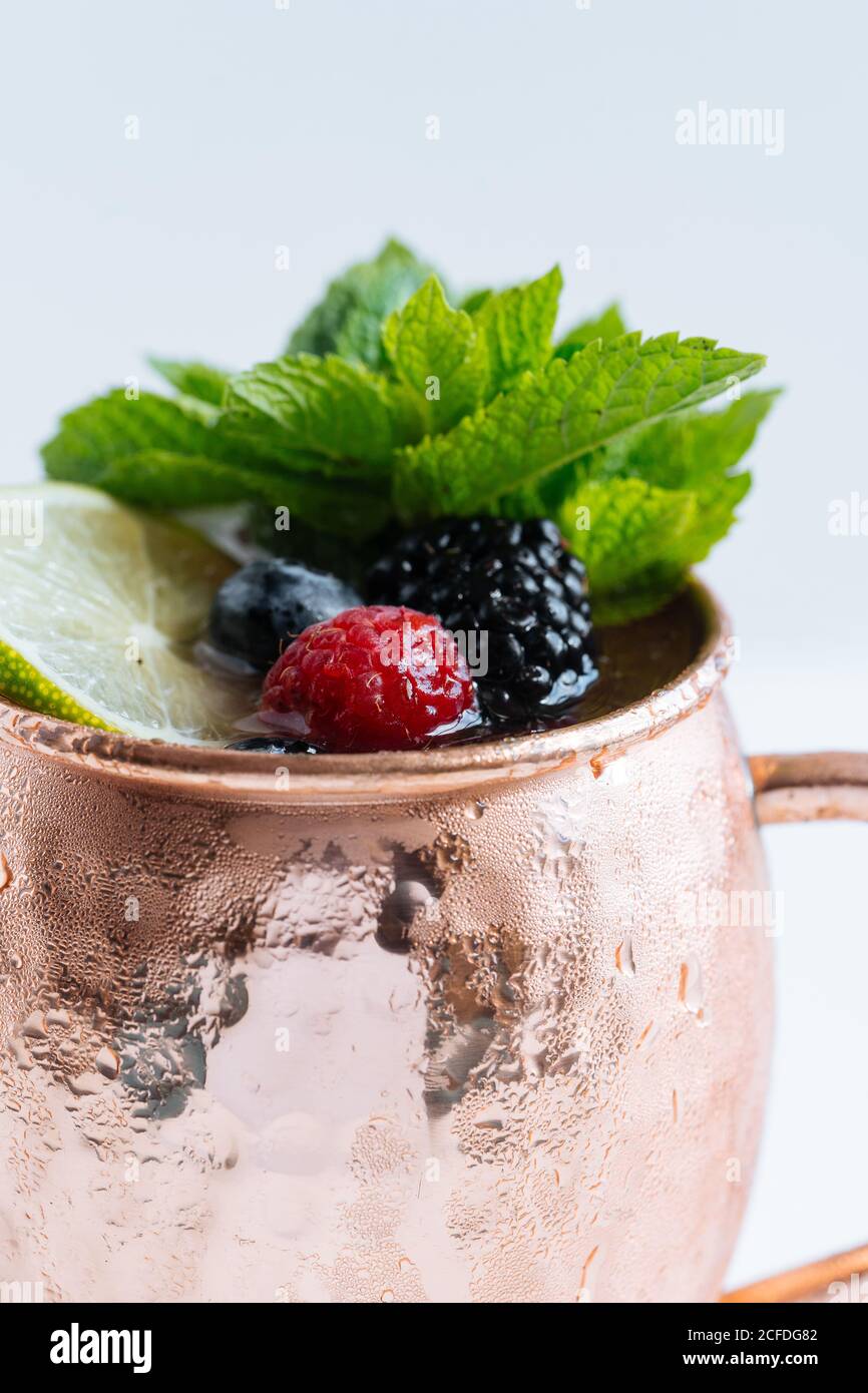 Tazza di metallo con porzione di gustosa bevanda a base di frutta e lime e bacche decorate con foglie di menta e poste su bianco sfondo Foto Stock