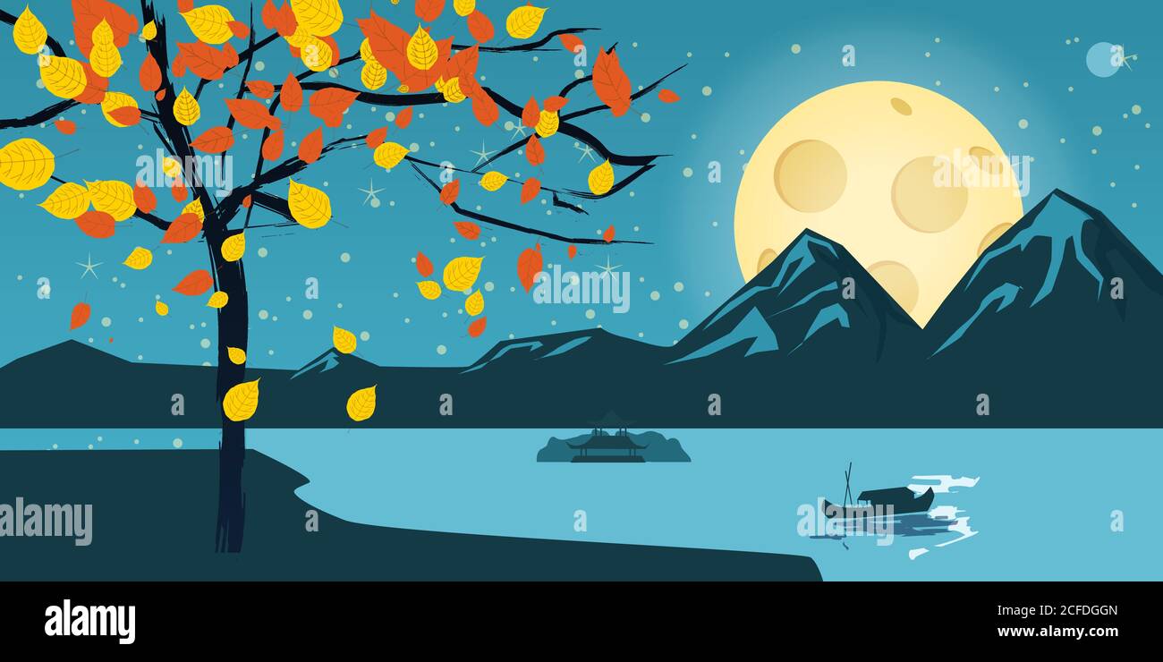 Paesaggio notturno con albero d'autunno, foglie cadenti, montagne, lago, luna, stelle, stile cartoon, vettore, illustrazione, isolato Illustrazione Vettoriale