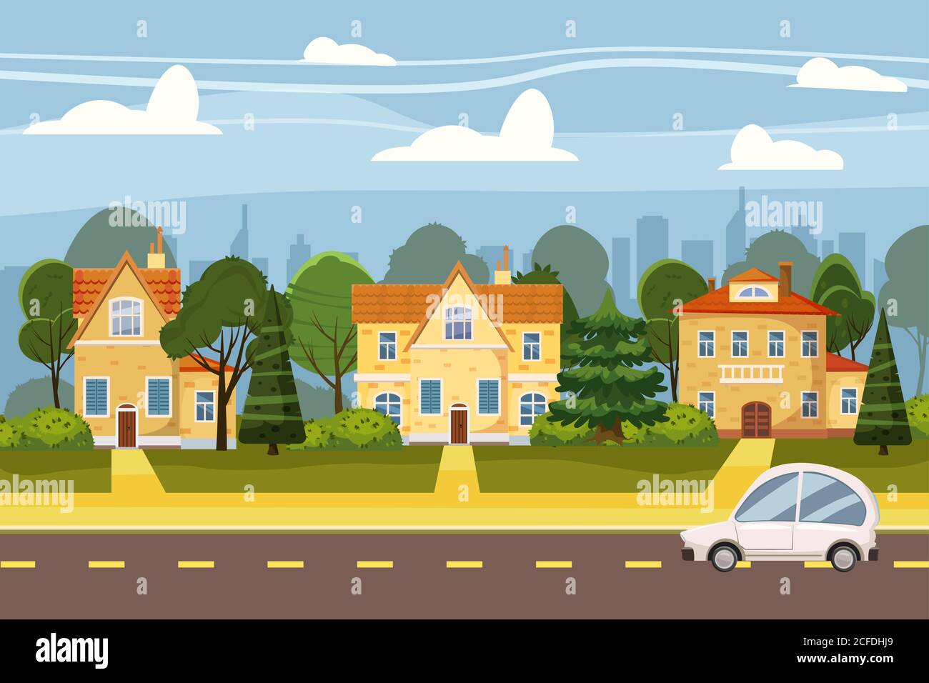 Villaggio suburbano di grande città, alberi, strada, cielo e nuvole. Immobiliare, vendita e affitto casa, villa. Cottage Real Estates cute Town Concept Cartoon Illustrazione Vettoriale