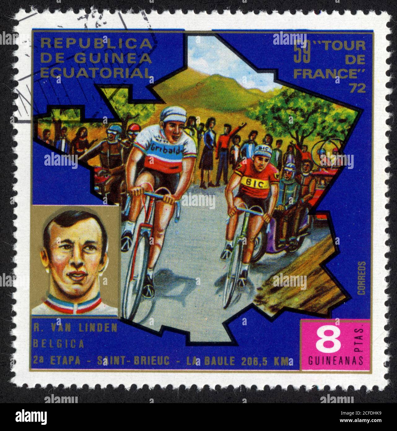 Timbre 59 Tour de France 72. Republica de Guinea Ecuatorial. Van Linden. Belgica. 2a atapa. Saint Brieuc.la Baule.206,5 km.8 Guineanas Ptas. Correos Foto Stock
