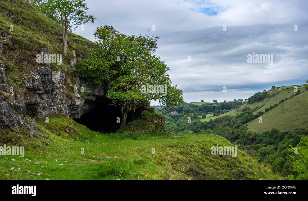 Una grotta sulla collina tra Cressbrook e Miller's Dale. Foto Stock