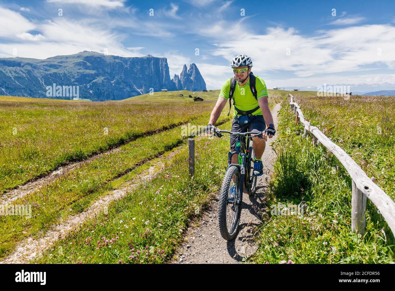 Ciclista con una mountain bike elettrica (e-bike) pedalando in Alpe di Siusi, Seiseralm, Alto Adige, Dolomiti, Italia Foto Stock