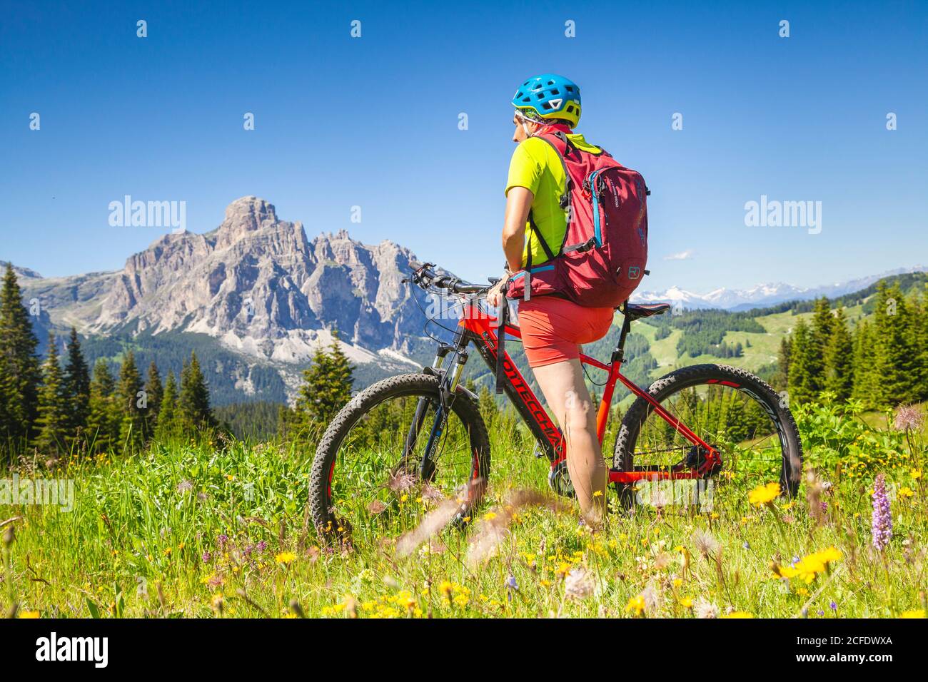 donna con e-bike nel paesaggio naturale del monte cherz, dolomiti, livinallongo del col di lana, belluno, veneto, italia Foto Stock