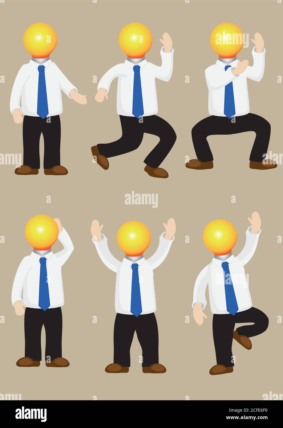 Insieme di illustrazione vettoriale di uomo cartoon che indossa camicia a manica lunga bianca e pantaloni neri con lampadina come la sua testa. Concetto per l'uomo intraprendente con Illustrazione Vettoriale