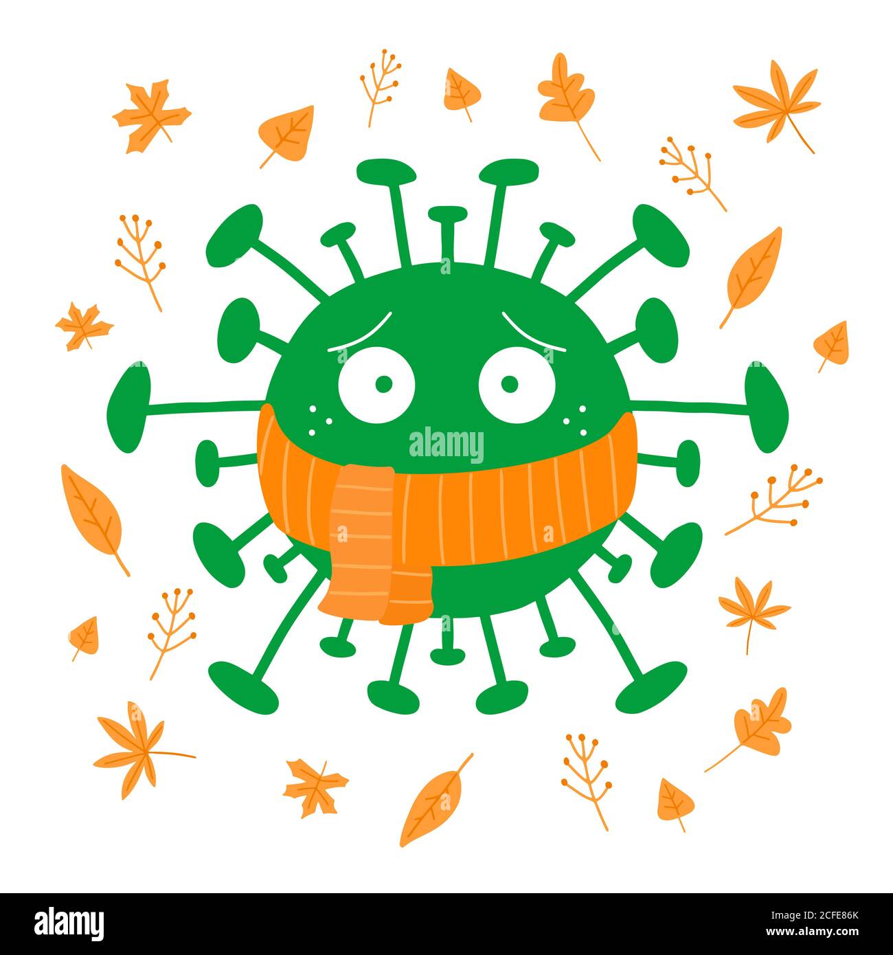 Batteri del coronavirus del cartone animato in sciarpa arancione con le foglie dell'autunno. Isolato su sfondo bianco. Illustrazione di stock vettoriale. Illustrazione Vettoriale